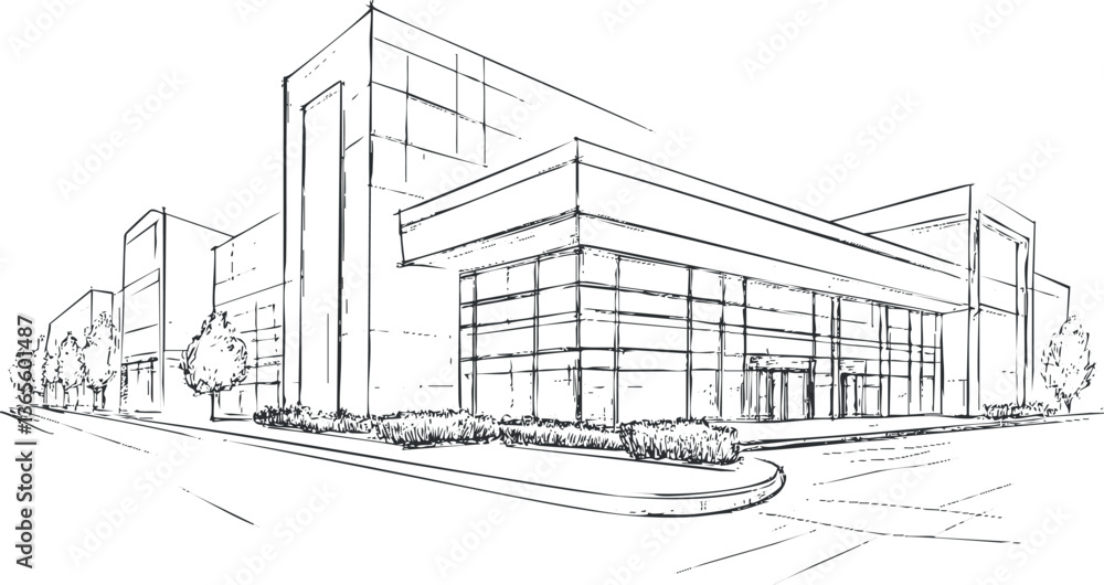 Fototapeta premium Modern commercial building sketch for architectural design and urban planning projects.