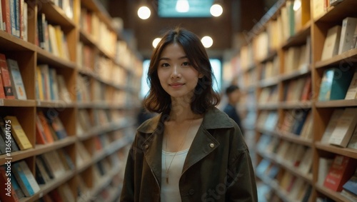 Wallpaper Mural Attractive Young Japanese Woman Standing Amongst Rows of Books in a Library, Exploring Literary Culture Torontodigital.ca