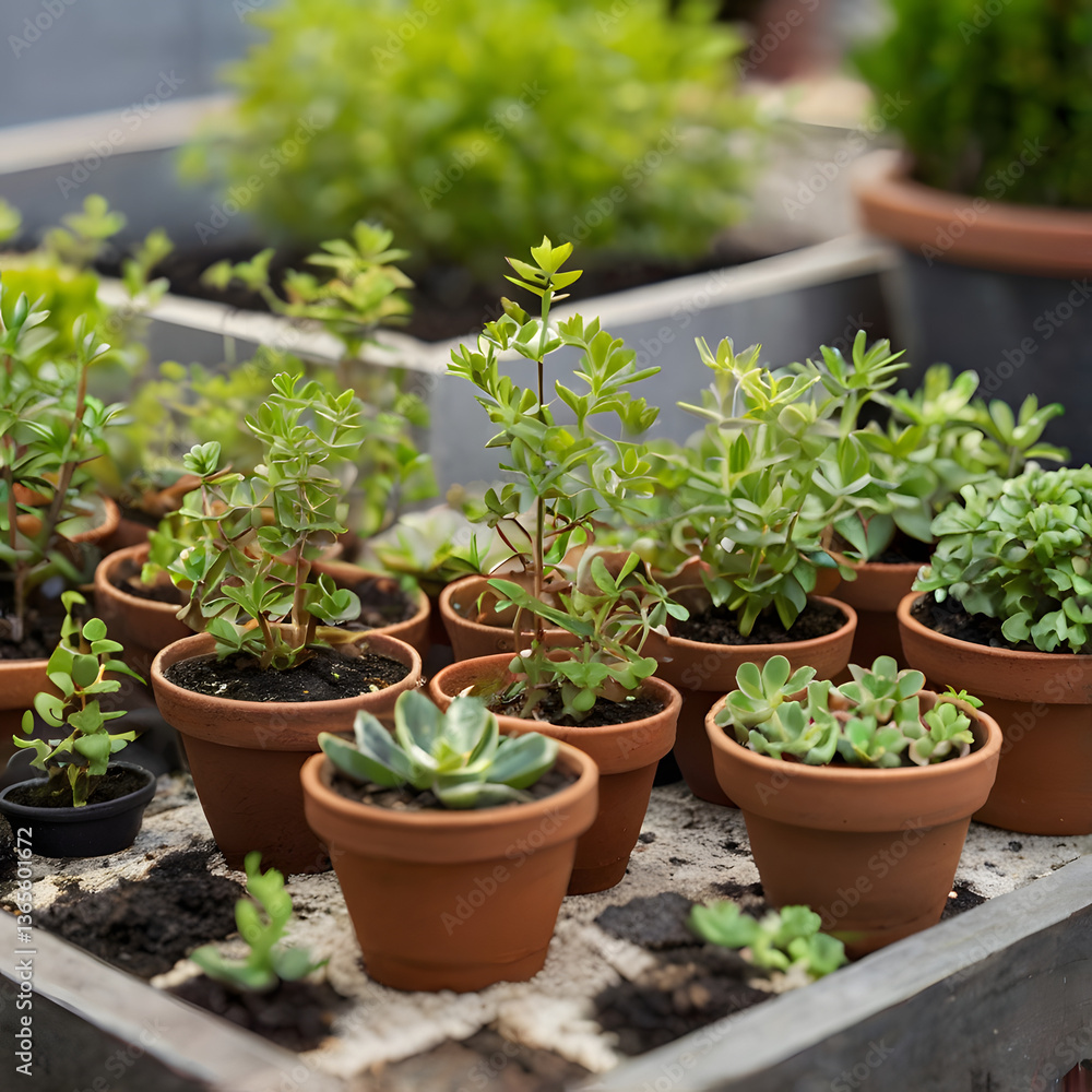 Miniature Garden: A collection of charming plants potted in terracotta pots, displayed in an outdoor garden setting, showcasing the beauty and serenity of nature's miniature wonders. Miniature Garden: A collection of charming plants potted in terracotta pots, displayed in an outdoor garden setting, showcasing the beauty and serenity of nature's miniature wonders.