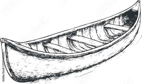 Hand-drawn vintage canoe illustration for nautical and outdoor adventure designs.