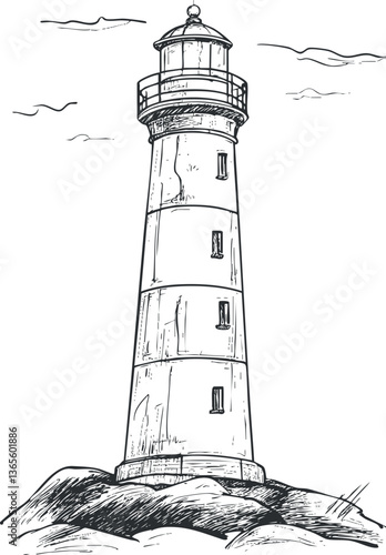 Detailed black and white lighthouse sketch illustration for nautical-themed designs.