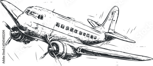 Vintage airplane sketch illustration for retro aviation and travel themes.