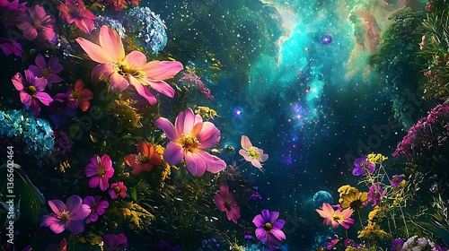 Enchanted Garden with Colorful Flowers and Cosmic Background