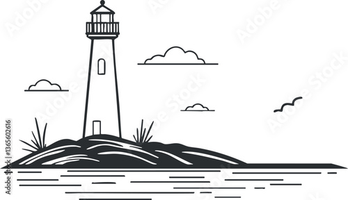 Minimalist black and white vector illustration of a lighthouse by the sea.