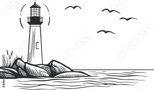 Minimalist black and white lighthouse illustration with ocean and seagulls for nautical themes.