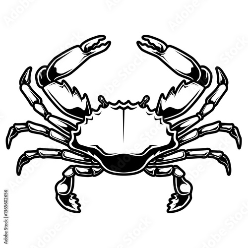 Schwarz-weiße Darstellung einer Krabbe mit erhobenen Scheren. Ideal für Sternzeichen Krebs, Meeresmotive, Ausmalbilder, Naturillustrationen oder Symbolik.