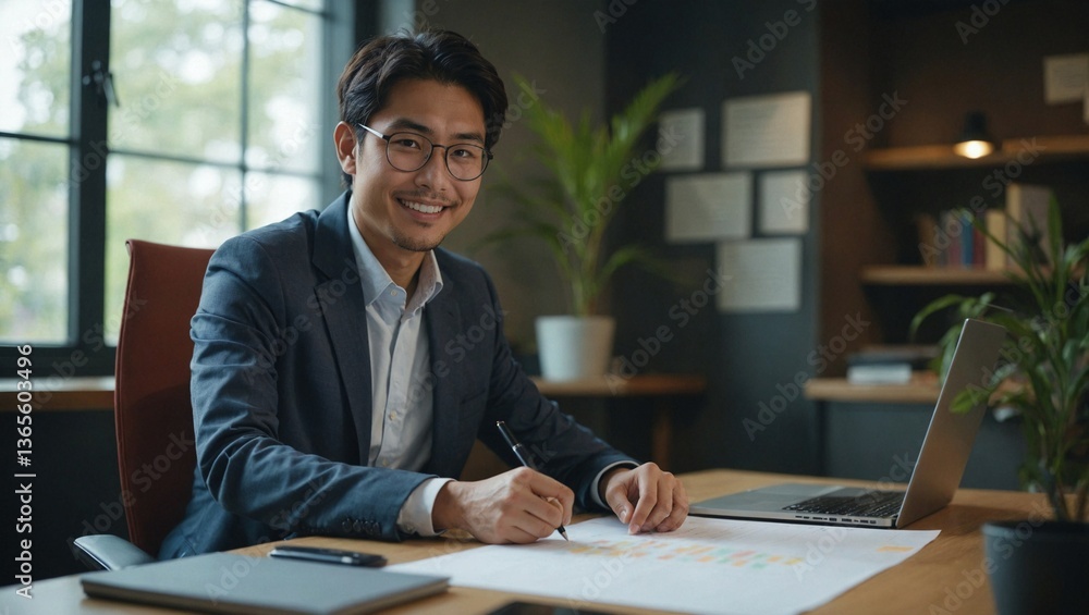 Fototapeta premium Middle-Aged Asian Man Working from Home on His Computer, Taking Notes and Smiling