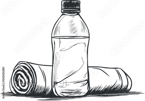 Hand-drawn vector illustration of a water bottle and towel for fitness themes.
