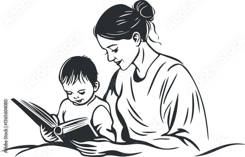 Mother and child reading book together, illustrating family bonding and education.