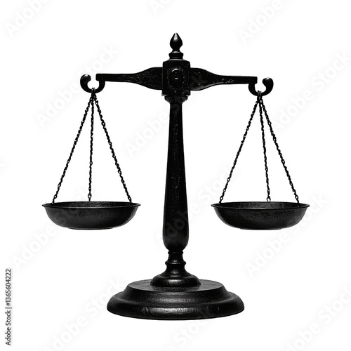 Black balance scale with two pans representing justice and fairness - Legal or symbolic tool, horizontal beam on a vertical stand, iconic symbol png isolate on white background Download