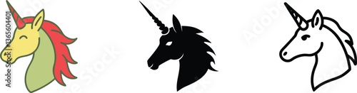 Three Unicorn Head Illustrations Colorful, Black, and White