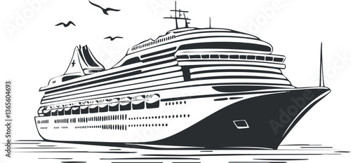 Black and white vector illustration of a cruise ship for travel design.