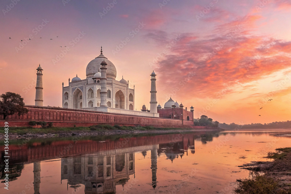 Obraz premium vector illustration of Taj Mahal at sunrise generative ai