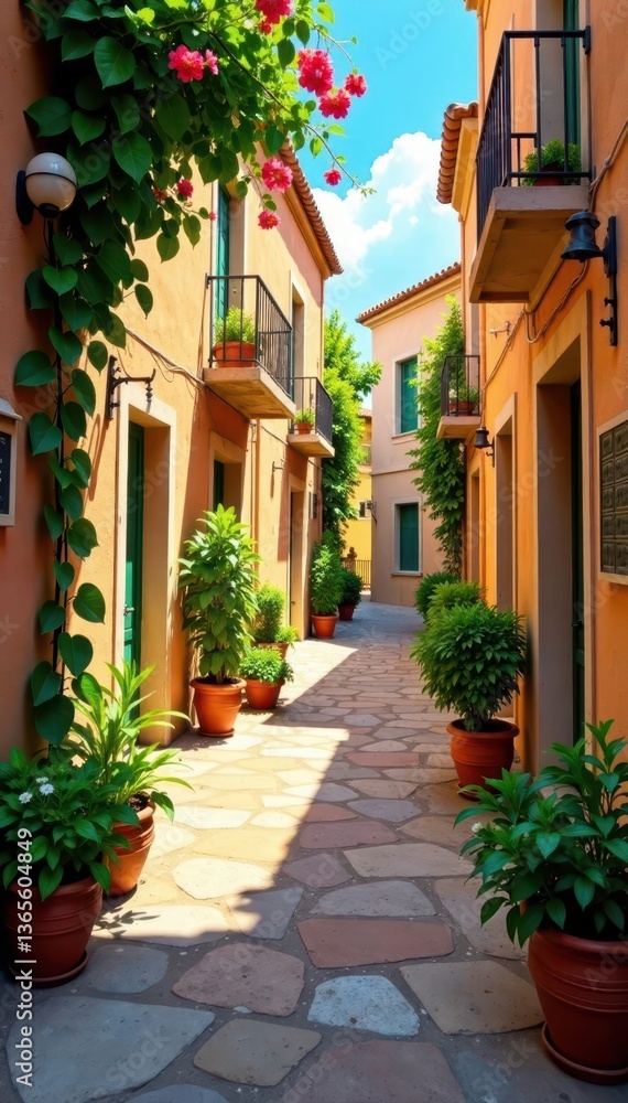 Naklejka premium Sun-drenched alleyway, overflowing with aromatic herbs and colorful pottery , casablanca, fes, culture