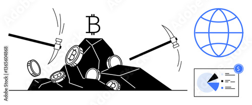 Pickaxes extracting Bitcoin coins from rocks, symbolizing cryptocurrency mining. Adjacent financial chart and global icon highlight blockchain, digital investment, decentralization. Ideal for tech