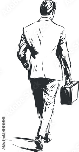 Monochrome vector illustration of businessman in suit walking with briefcase for corporate themes.