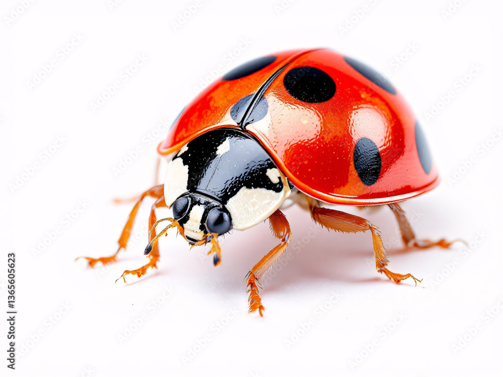 Close-up of a red and black ladybug with spots on a white background. Close-up of a red and black ladybug with spots on a white background.