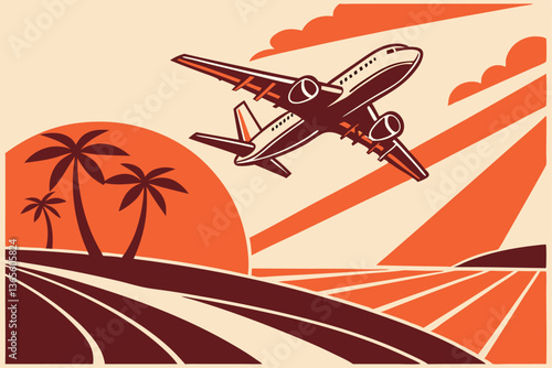 6 Retro-style airliner illustration, vibrant orange sky, stylized commercial jet taking off, art deco poster design, sleek aircraft silhouette, minimalist landscape, bold color palette, vintage travel