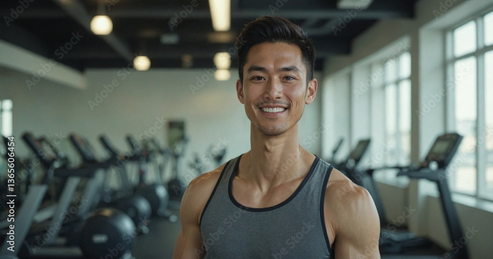Fototapeta premium Confident Asian Man Smiling in a Modern Gym Setting, Perfect for Fitness Programs and Healthy Lifestyle Advertising