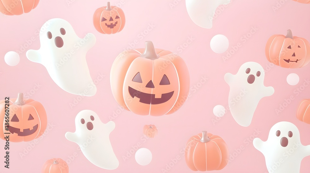 Fototapeta premium Cute Minimalistic Pumpkins and Floating Ghosts on Soft Pastel Halloween Background
