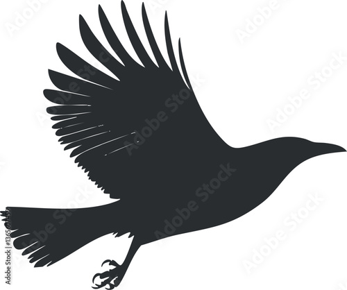 Silhouette of a flying raven with spread wings for nature and wildlife designs.