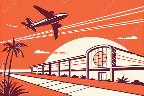 6 Retro-style airliner illustration, vibrant orange sky, stylized commercial jet taking off, art deco poster design, sleek aircraft silhouette, minimalist landscape, bold color palette, vintage travel