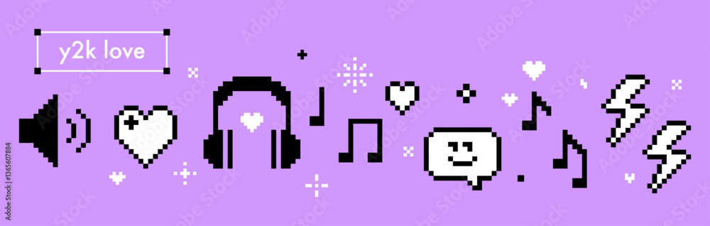 Obraz premium Pixel art y2k music retro vector illustration. DJ play, listen to music, radio podcast, festival, sound studio, party design. Mood of 90's banner. Simple geometric shape. Funny game abstract elements