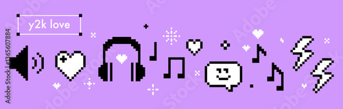 Pixel art y2k music retro vector illustration. DJ play, listen to music, radio podcast, festival, sound studio, party design. Mood of 90's banner. Simple geometric shape. Funny game abstract elements
