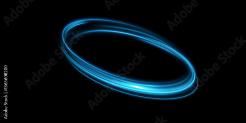 Abstract light lines of movement and speed of blue color. Circular movement of light lines. Podium, portal. Frame of light.
