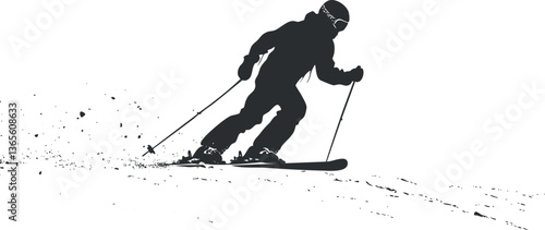 Silhouette of skier speeding down a snowy slope for winter sports themes.