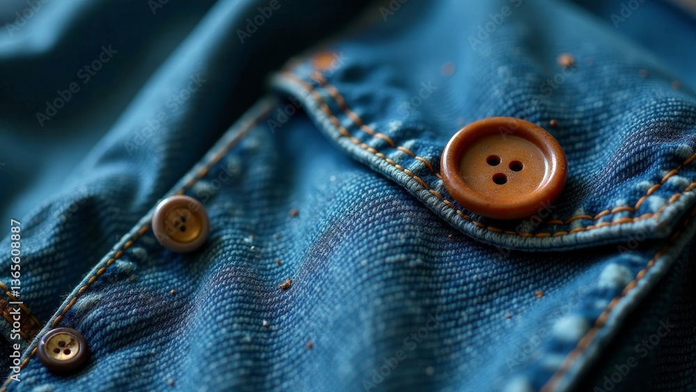 Close-up view of a denim jacket showcasing detailed stitching and wooden buttons, emphasizing the texture and craftsmanship Close-up view of a denim jacket showcasing detailed stitching and wooden buttons, emphasizing the texture and craftsmanship