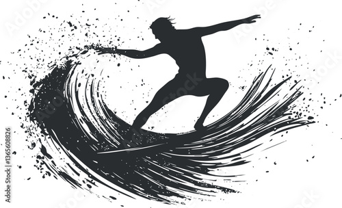 Dynamic surfing silhouette on wave for extreme sports design and beach themes.