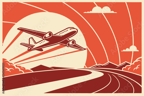 6 Retro-style airliner illustration, vibrant orange sky, stylized commercial jet taking off, art deco poster design, sleek aircraft silhouette, minimalist landscape, bold color palette, vintage travel