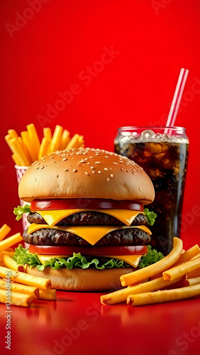 cheeseburger birra e patatine sfondo rosso