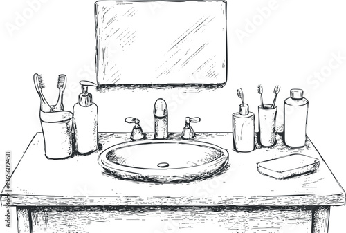 Hand-drawn bathroom sink with toiletries for home interior design projects.