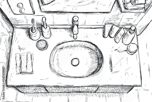 Hand-drawn bathroom sink illustration with toiletries for interior design projects.