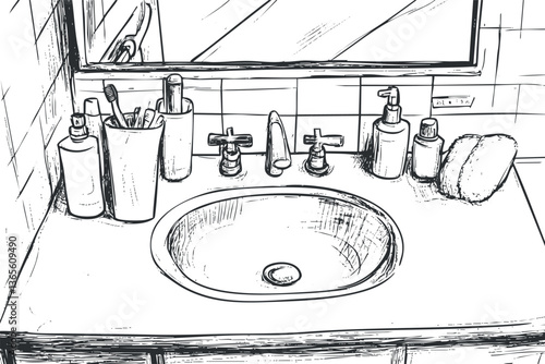 Hand-drawn bathroom sink illustration with toiletries for interior design concepts.