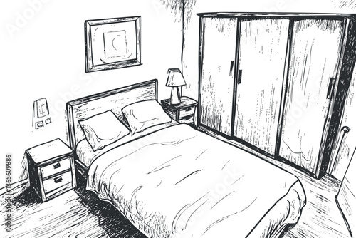 Black and white sketch of a modern bedroom interior with furniture for design inspiration.