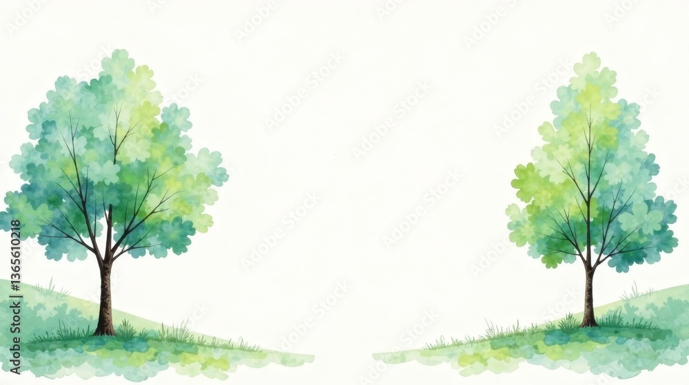 Obraz premium Serene Watercolor Illustration of Two Lush Green Trees on Gentle Hills Against a White Background, Perfect for Peaceful Designs