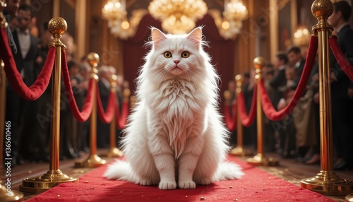 Elegant white cat on red carpet at glamorous event indoor photography luxurious atmosphere close-up