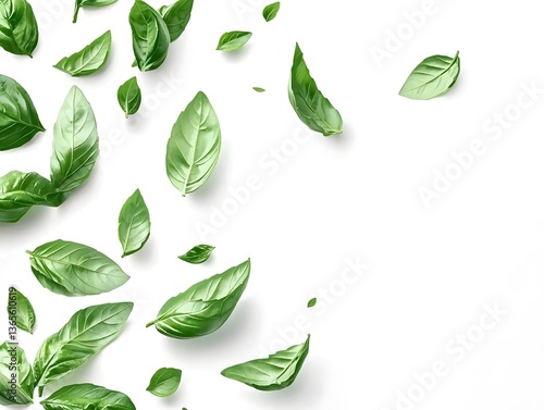 Freshly Picked Basil Leaves Scattered on Plain White Background