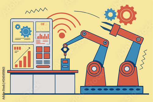 7 Futuristic manufacturing control panel, robotic arms, digital displays, data analytics, industrial automation, colorful interface, gears and cogs, factory optimization, machine learning, IoT sensors