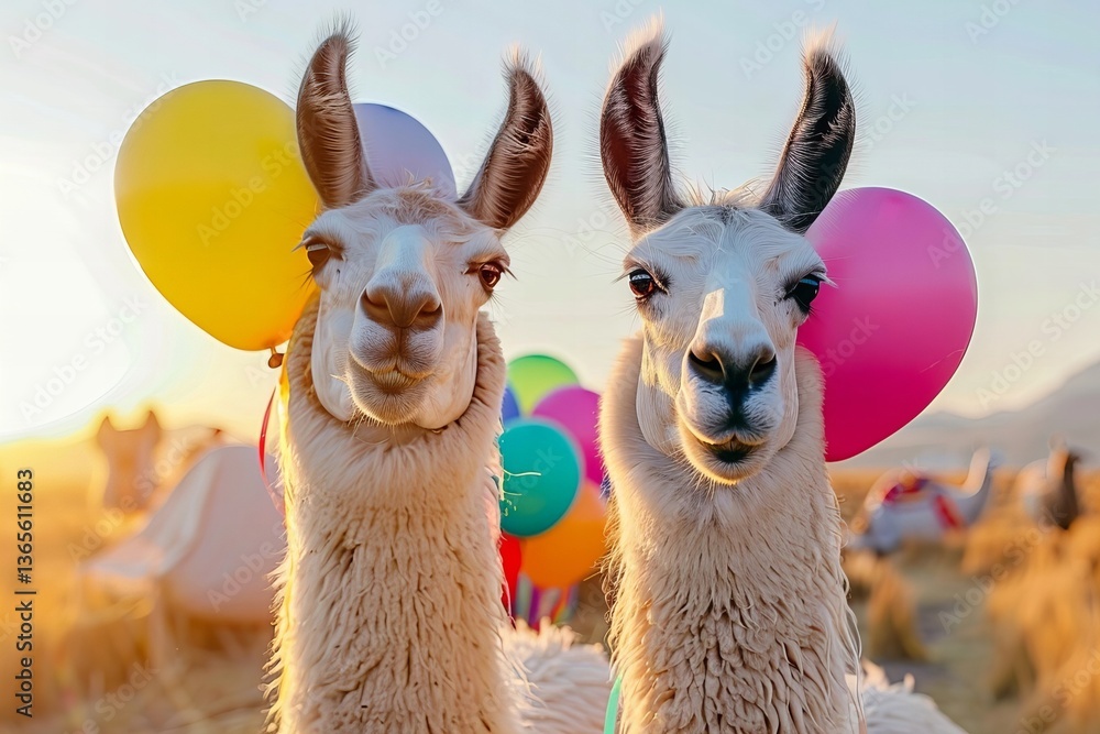 Fototapeta premium Llamas with Balloons in a Sunset Field
