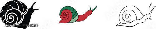 Snail Shell Designs Black, Red, Green, Outline Illustrations