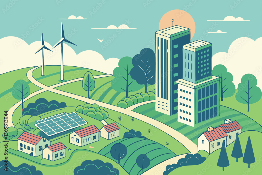 Obraz premium 9 Futuristic green city, sustainable urban landscape, solar panels, wind turbines, skyscrapers, lush parks, clean energy, sunlit cityscape, eco-friendly architecture, vibrant colors, photorealistic re