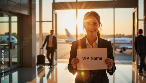 Smiling woman greeting VIP airport service at sunset  