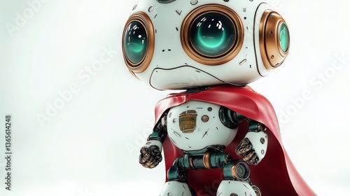 A charming robot character adorned with superhero elements and metallic details, embodying a whimsical fusion of technology and playful artistry that captures the imagination.