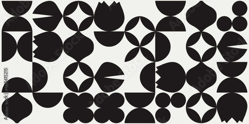 Mid century modern florals and circles background in black and white. Graphical illustration for a unique textiles and home décor.	
