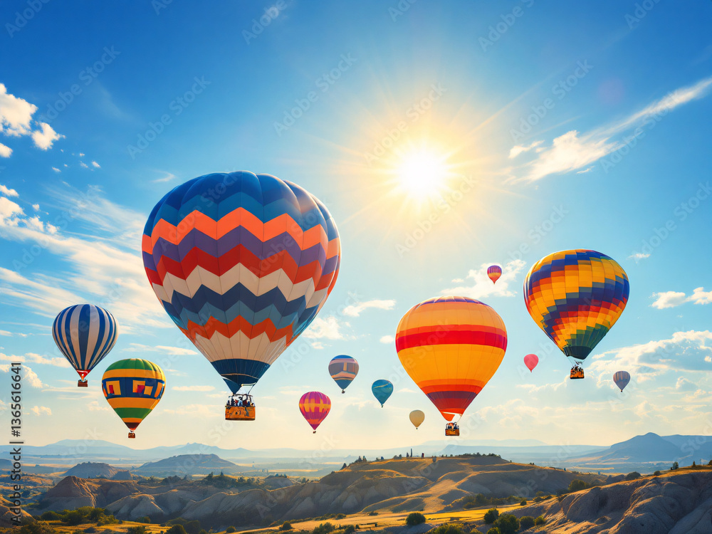 Naklejka premium Colorful hot air balloons floating in the sky at sunrise over a scenic landscape.
