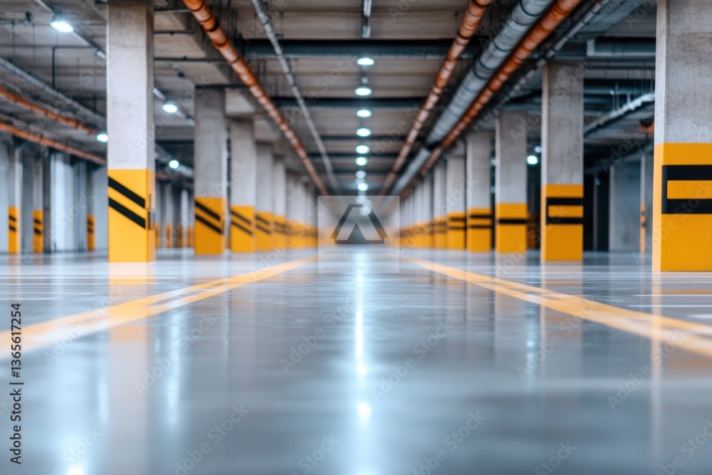 Fototapeta premium Indoor parking structure concrete pillars yellow stripes